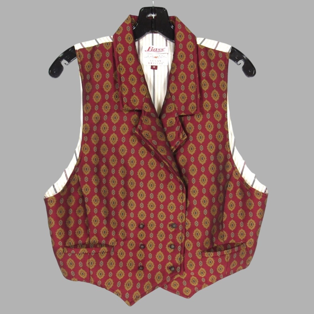 VTG SUSAN BRISTOL Dark Red/Gold GEOMETRIC Satin Back POCKETS Vest (12) sz S/M